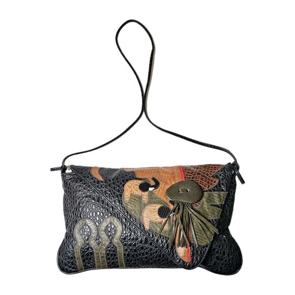 Pinky Handbags - VTG Pinky Crossbody Shoulder Bag Pebble Leather Elephants Tassel Blk 1980s USA!
